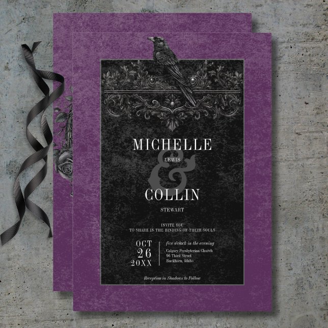 Gothic Black Raven & Black Ro Lila Bröllop Inbjudningar (Gothic Black Raven & Black Roses Purple Wedding Invitation)