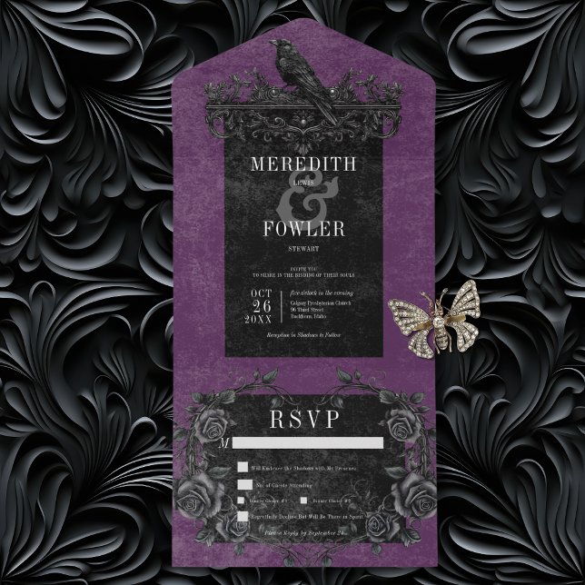 Gothic Black Raven & Black Ro Lila Middag (Gothic Black Raven & Black Roses All In One Wedding Invitation with Dinner Options)