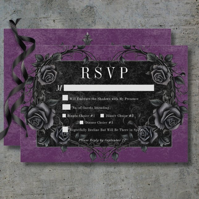 Gothic Black Raven & Black Ro Lila Middag OSA Kort (Gothic Black Raven & Black Roses Purple Dinner RSVP Card)
