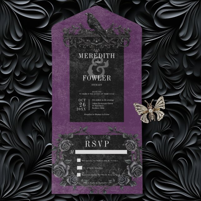 Gothic Black Raven & Black Ro Lila nr middag (Gothic Black Rave & Black Roses Purple All In One Wedding Invitation without Dinner Options)