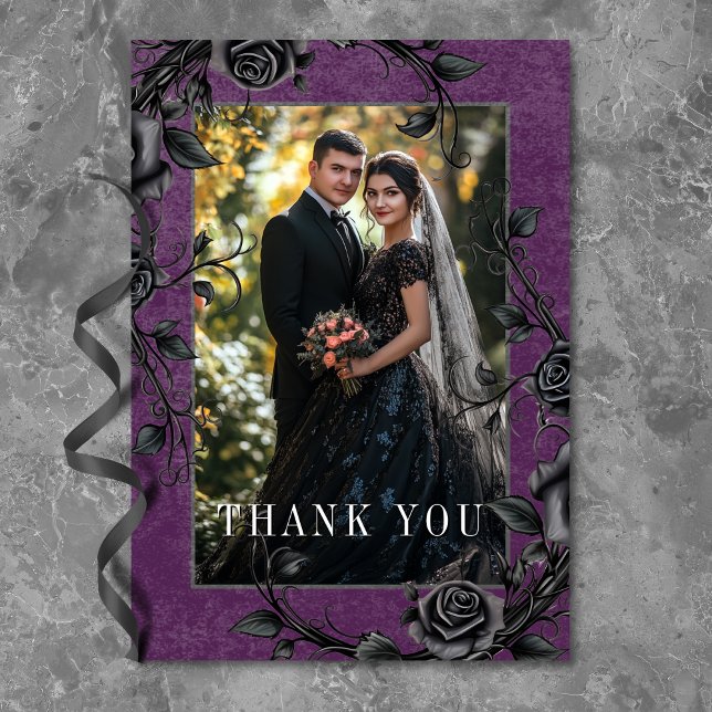 Gothic Black Raven Black Ro Lila Photo Bröllop Tack Kort (Gothic Black Raven Black Rose Purple Photo Wedding Thank You Card)