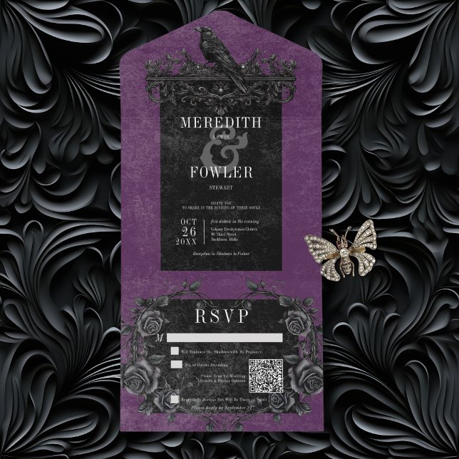 Gothic Black Raven & Black Ro Lila QR-kod (Gothic Black Raven & Black Roses All In One Wedding Invitation with QR Code)