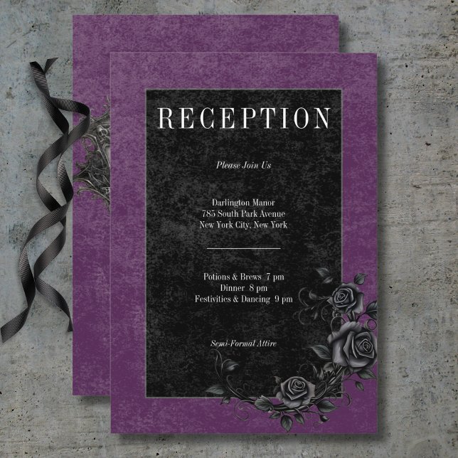 Gothic Black Raven & Black Ro Lila Reception Tilläggskort (Gothic Black Raven & Black Roses Purple Reception Enclosure Card)