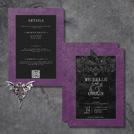 Gothic Black Raven & Black Ro Lila Two Sided Inbjudningar