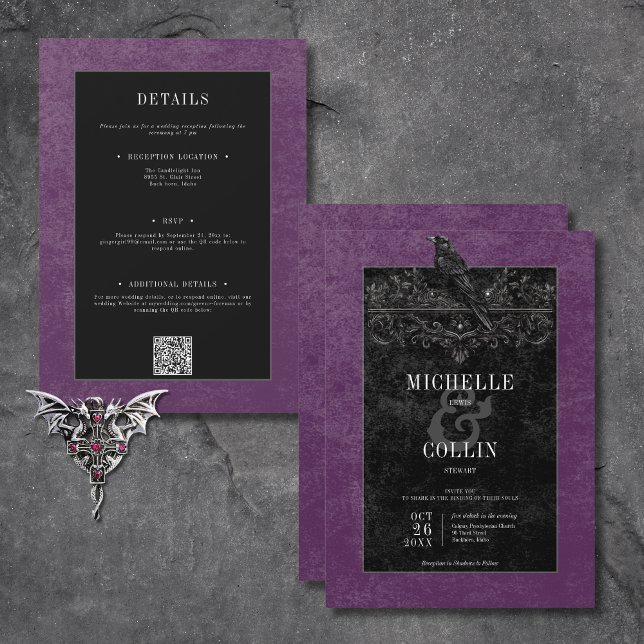 Gothic Black Raven & Black Ro Lila Two Sided Inbjudningar (Gothic Black Raven & Black Roses Purple All In One Invitation)