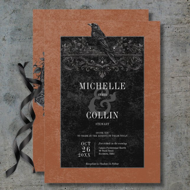 Gothic Black Raven & Black Ro Rust Bröllop Inbjudningar (Gothic Black Raven & Black Roses Rust Wedding Invitation)