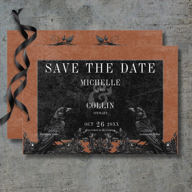 Gothic Black Raven & Black Ro Rust Bröllop Spara Datumet (Gothic Black Raven & Black Roses Rust Wedding Save The Date Card)
