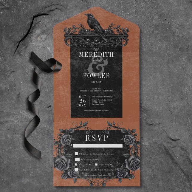 Gothic Black Raven & Black Ro Rust Dinner (Gothic Black Raven & Back Roses Rust All In One Wedding Invitation with Dinner Options)