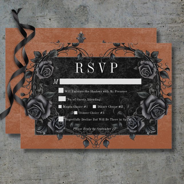 Gothic Black Raven & Black Ro Rust Dinner OSA Kort (Gothic Black Raven & Black Roses Rust Dinner RSVP Card)
