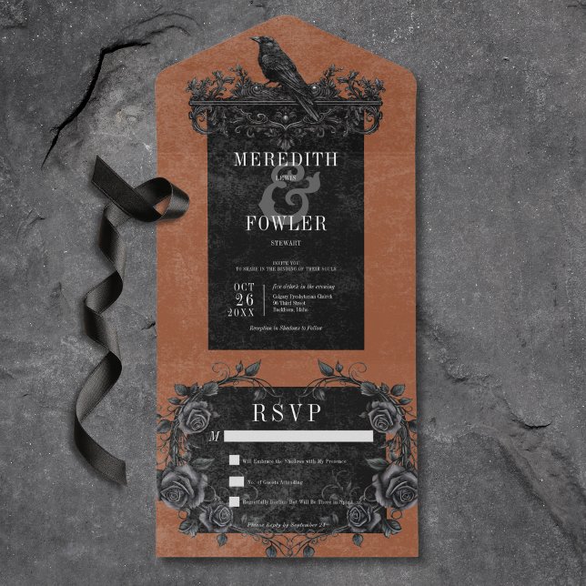 Gothic Black Raven & Black Ro Rust No Dinner (Gothic Black Raven & Black Roses Rust All In One Wedding Invitation)