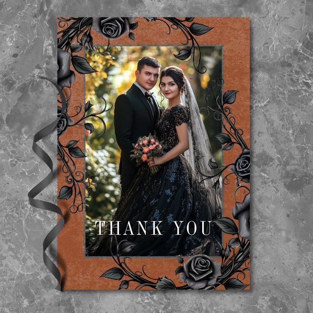 Gothic Black Raven Black Ro Rust Photo Bröllop Tack Kort (Gothic Black Raven Black Roses Rust Photo Wedding Thank You Card)