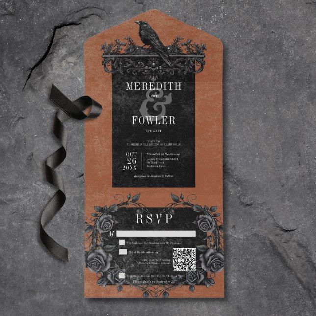 Gothic Black Raven & Black Ro Rust QR-kod (Gothic Black Raven & Back Roses Rust All In One Wedding Invitation with QR Code)