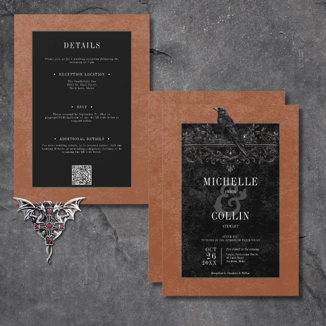 Gothic Black Raven & Black Ro Rust Two Sided Inbjudningar (Gothic Black Raven & Black Roses Rust All In One Invitation)