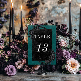 Gothic Black Raven & Black Ro Teal Bröllop Bordsnummer