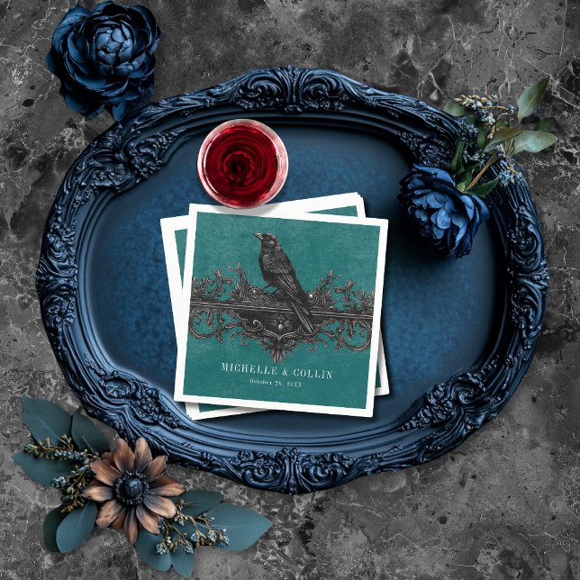 Gothic Black Raven & Black Ro Teal Bröllop Pappersservett (Skapare uppladdad)