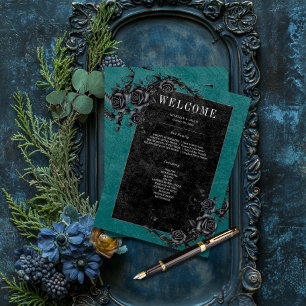 Gothic Black Raven & Black Ro Teal Bröllop Program