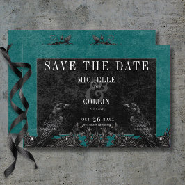 Gothic Black Raven & Black Ro Teal Bröllop Spara Datumet