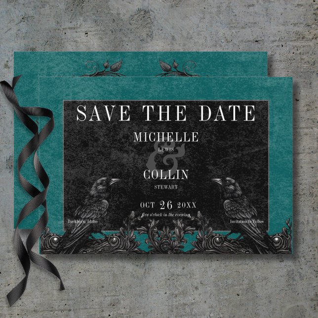 Gothic Black Raven & Black Ro Teal Bröllop Spara Datumet (Gothic Black Raven & Black Roses Teal Wedding Save Save The Date Card)