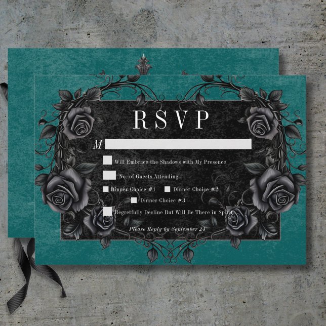 Gothic Black Raven & Black Ro Teal Dinner OSA Kort (Gothic Black Raven & Black Roses Teal Dinner RSVP Card)