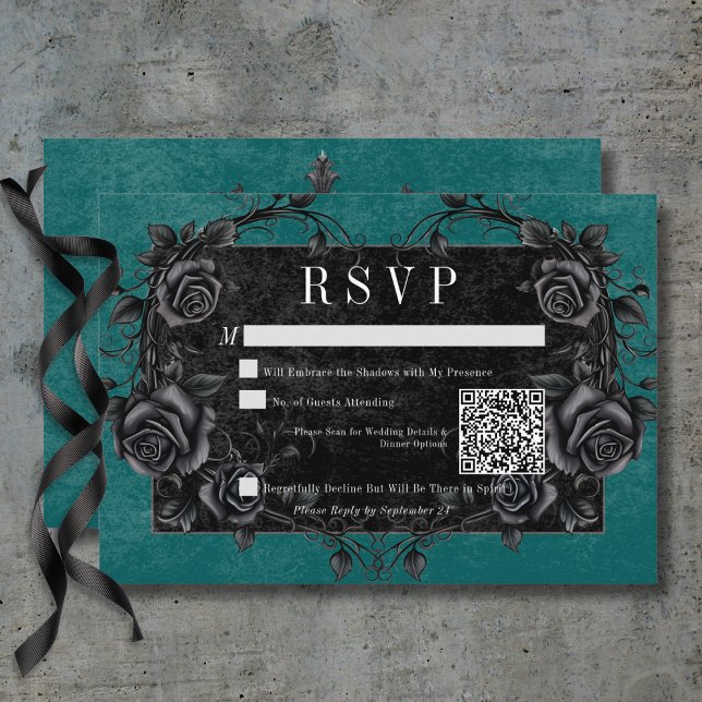Gothic Black Raven & Black Ro Teal QR-kod OSA Kort (Gothic Black Raven & Black Roses Teal QR Code RSVP Card)