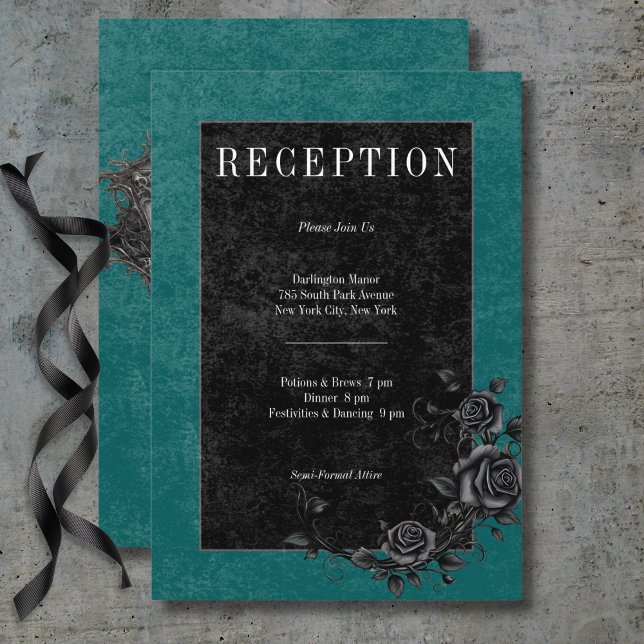 Gothic Black Raven & Black Ro Teal Reception Tilläggskort (Gothic Black Raven & Black Roses Teal Reception Enclosure Card)