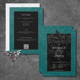 Gothic Black Raven & Black Ro Teal Two Sided Inbjudningar