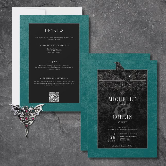 Gothic Black Raven & Black Ro Teal Two Sided Inbjudningar (Gothic Black Raven & Black Roses Teal All In One Invitation)