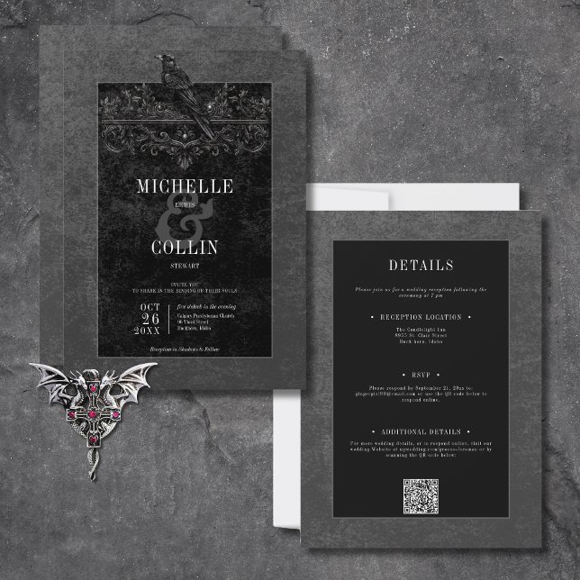 Gothic Black Raven & Black Ro Two Sided Inbjudningar (Gothic Black Raven & Black Roses All In One Invitation)