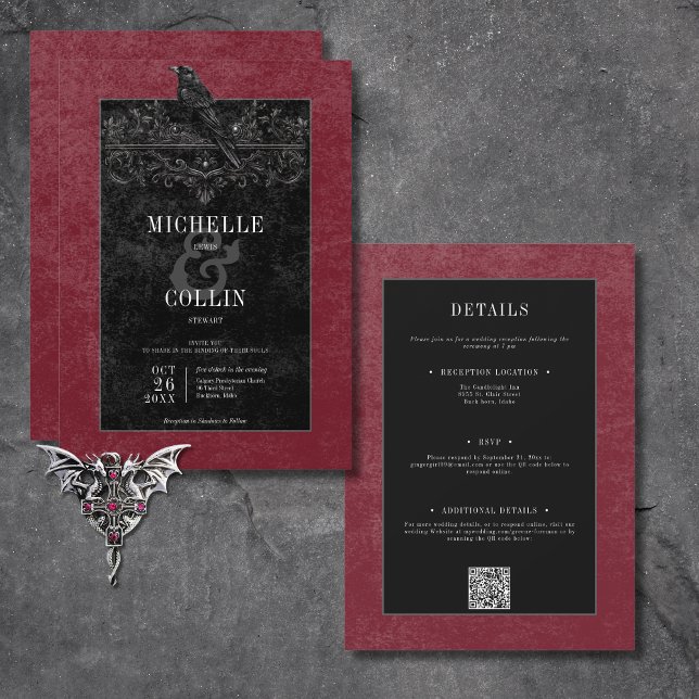 Gothic Black Raven & Black Ro Vin 2 Side Inbjudningar (Gothic Black Raven & Black Roses Wine All In One Invitation)
