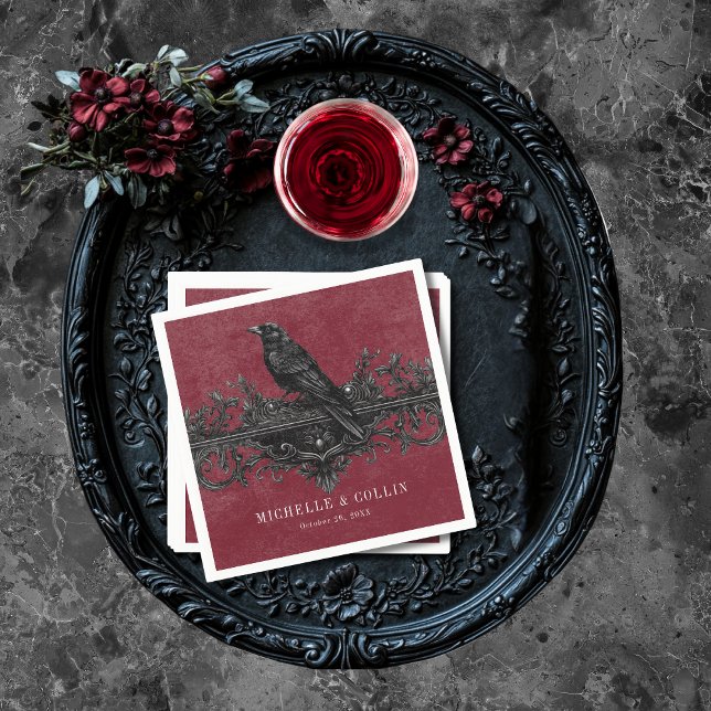 Gothic Black Raven & Black Ro Vin Bröllop Pappersservett (Gothic Black Raven & Black Roses Wine Wedding Napkins)