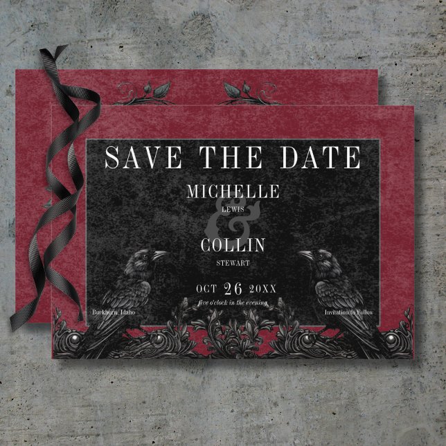 Gothic Black Raven & Black Ro Vin Bröllop Spara Datumet (Gothic Black Raven & Black Roses Wine Wedding Save The Date Card)