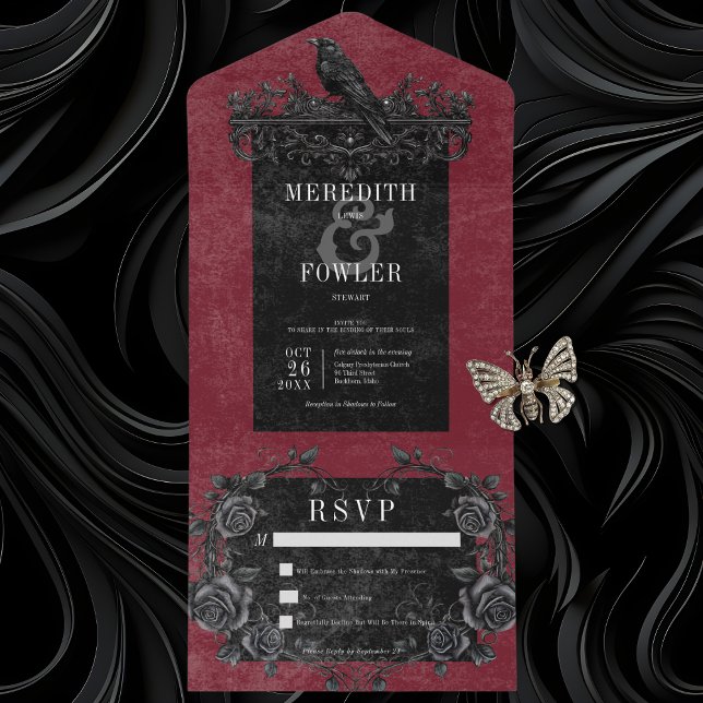 Gothic Black Raven & Black Ro Vin, ingen middag (Gothic Black Raven & Black Roses All In One Wedding Invitation without Dinner Options)