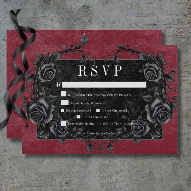 Gothic Black Raven & Black Ro Vin Middag OSA Kort (Gothic Black Raven & Black Roses Wine Dinner RSVP Card)