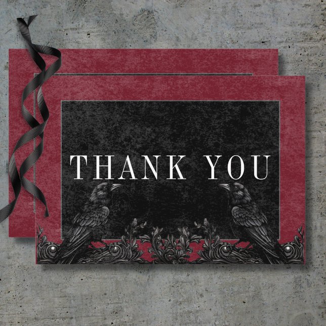Gothic Black Raven & Black Ro Vin Tack Kort (Gothic Black Raven & Black Roses Wine Details Thank You Card)