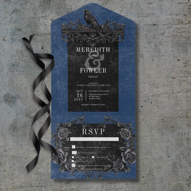 Gothic Black Raven & Black Roses Blå Middag (Gothic Black Raven & Black Roses Blue Dinner All In One Invitation)