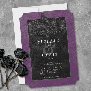 Gothic Black Raven & Black Roses Purple Bröllop Inbjudningar