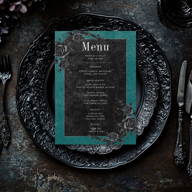 Gothic Black Raven & Black Roses Teal Wedding Meny (Skapare uppladdad)