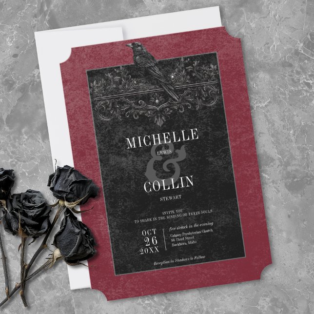 Gothic Black Raven & Black Roses Wine Bröllop Inbjudningar (Gothic Black Raven & Black Roses Wine Wedding Invitation)