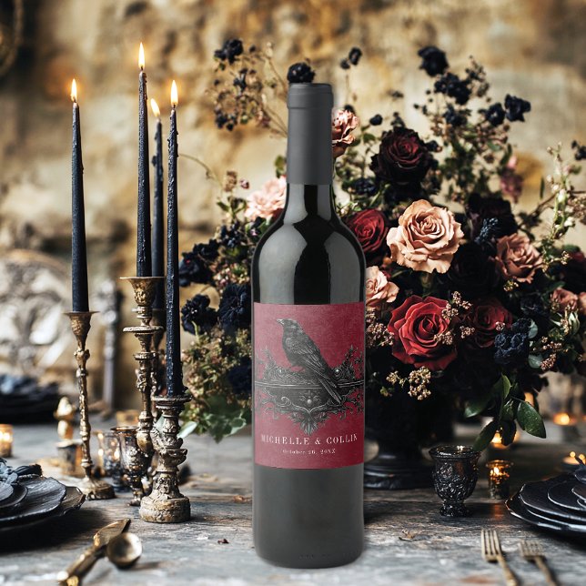 Gothic Black Raven & Black Roses Wine Wedding Vinflaska Etikett (Skapare uppladdad)
