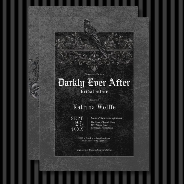 Gothic Black Raven & Ro Black Möhippa Inbjudningar (Gothic Black Raven & Roses Black Bridal Shower Invitation)