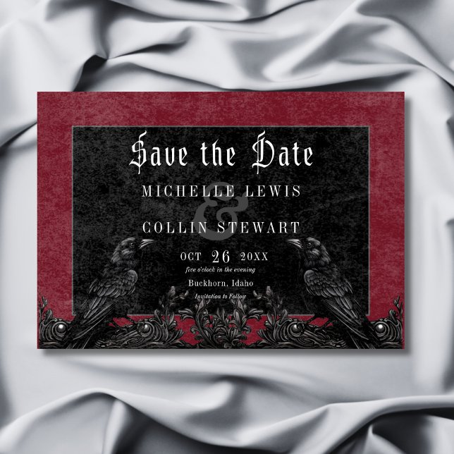 Gothic Black Raven & Ro Burgundy Bröllop Spara Datumet (Gothic Black Raven & Roses Burgundy Wedding Save The Date)