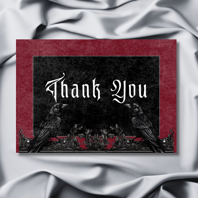 Gothic Black Raven & Ro Burgundy Bröllop Tack Kort (Gothic Black Raven & Roses Burgundy Wedding Thank You Card)