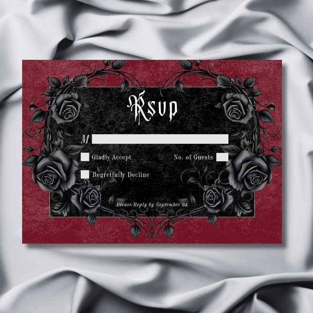 Gothic Black Raven & Ro Burgundy No Dinner OSA Kort (Gothic Black Raven & Roses Burgundy No Dinner RSVP Card)
