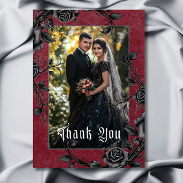 Gothic Black Raven & Ro Burgundy Photo Bröllop Tack Kort