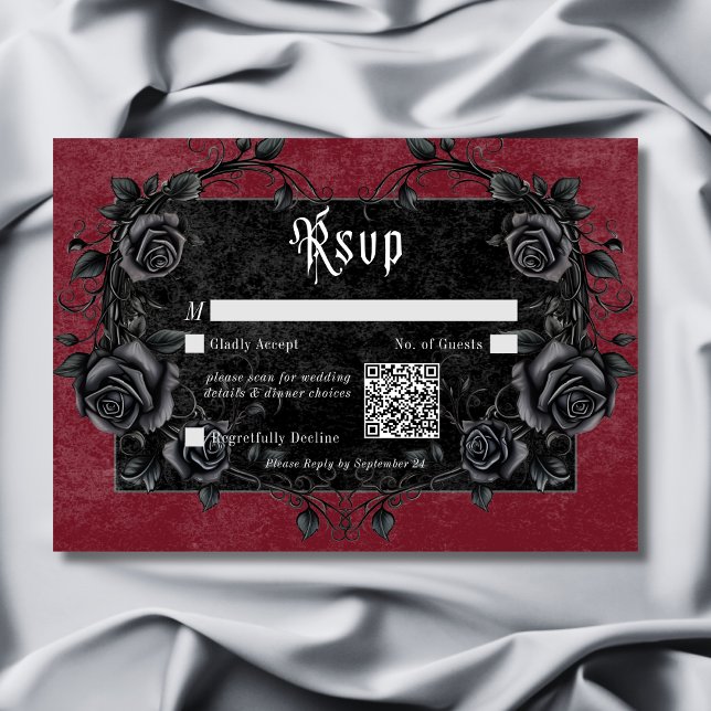 Gothic Black Raven & Ro Burgundy QR-kod OSA Kort (Gothic Black Raven & Roses Burgundy QR Code RSVP Card)