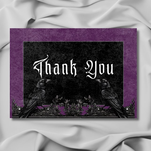 Gothic Black Raven & Ro Lila Bröllop Tack Kort (Gothic Black Raven & Roses Purple Wedding Thank You Card)