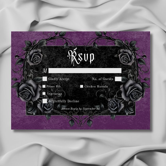 Gothic Black Raven & Ro Lila Dinner OSA Kort (Gothic Black Raven & Roses Purple Dinner RSVP Card)