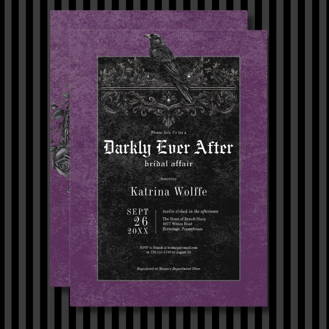 Gothic Black Raven & Ro Lila Möhippa Inbjudningar (Gothic Black Raven & Roses Purple Bridal Shower Invitation)