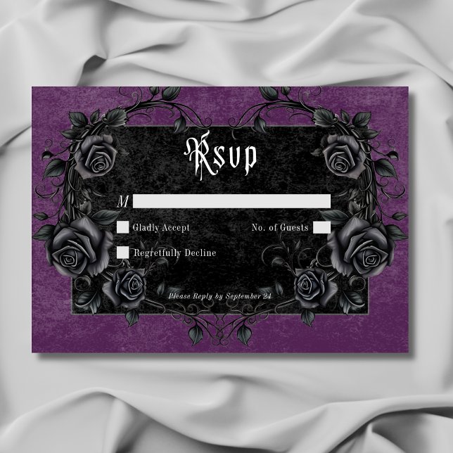 Gothic Black Raven & Ro Lila No Dinner OSA Kort (Gothic Black Raven & Roses Purple No Dinner RSVP Card)