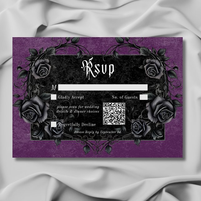 Gothic Black Raven & Ro Lila QR-kod OSA Kort (Gothic Black Raven & Roses Purple QR Code RSVP Card)